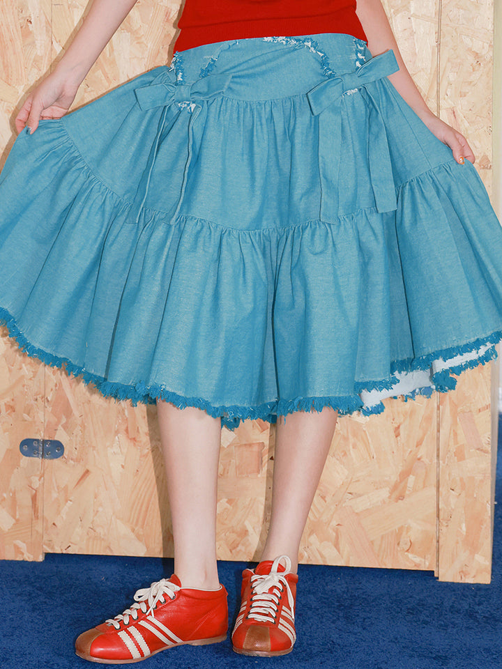 Blue Denim Bow Tiered Midi Skirt