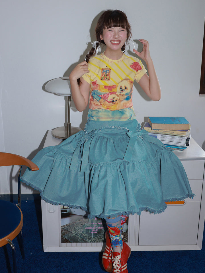 Blue Denim Bow Tiered Midi Skirt