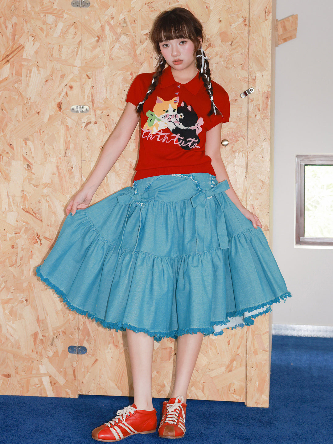 Blue Denim Bow Tiered Midi Skirt