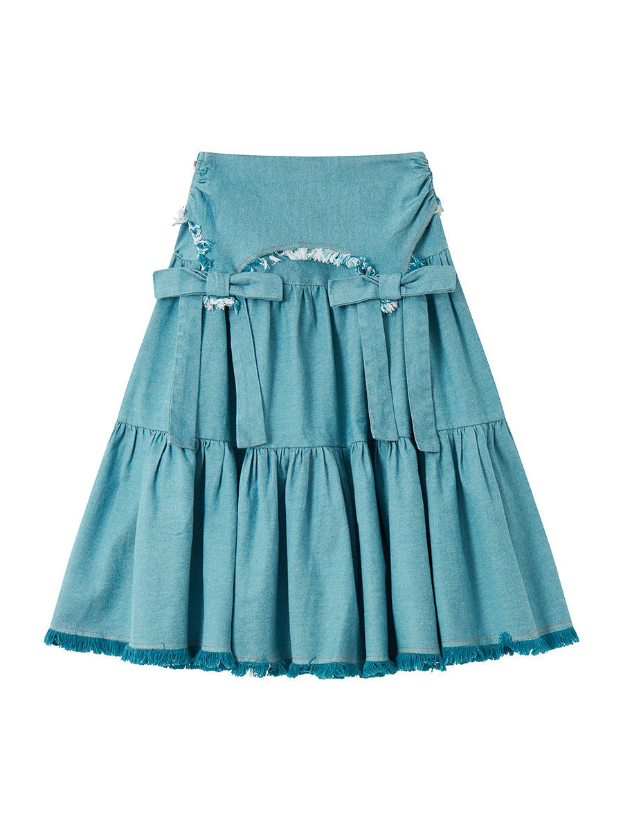 Blue Denim Bow Tiered Midi Skirt