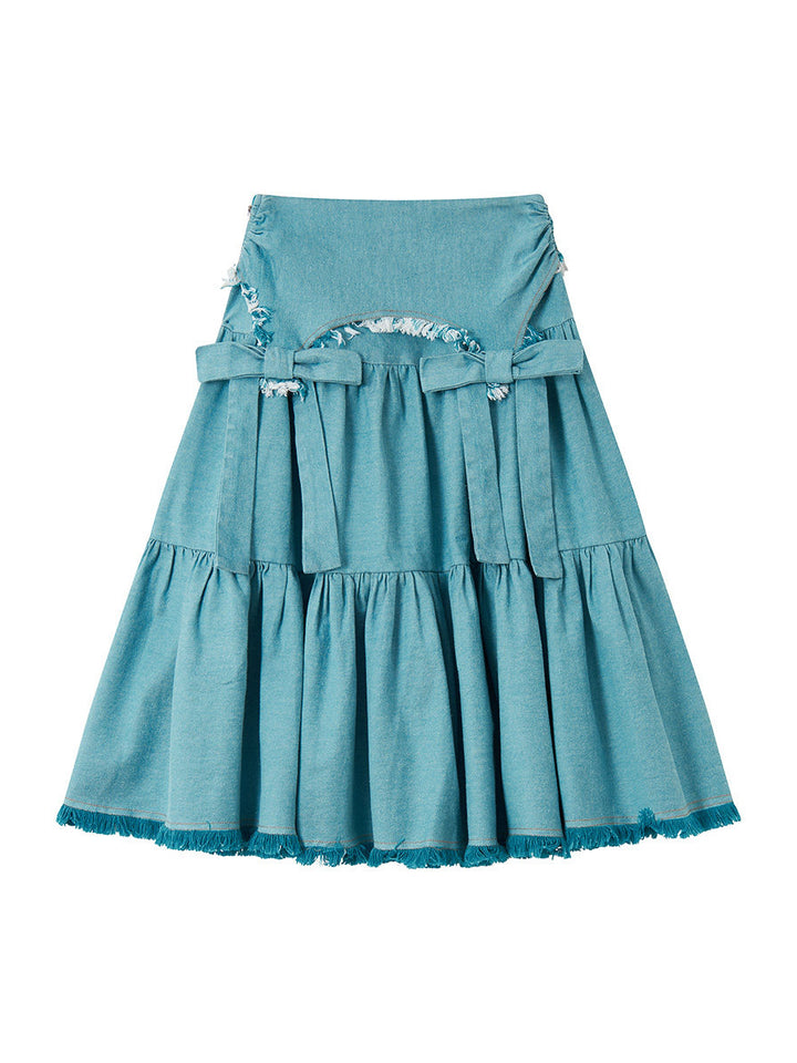 Blue Denim Bow Tiered Midi Skirt