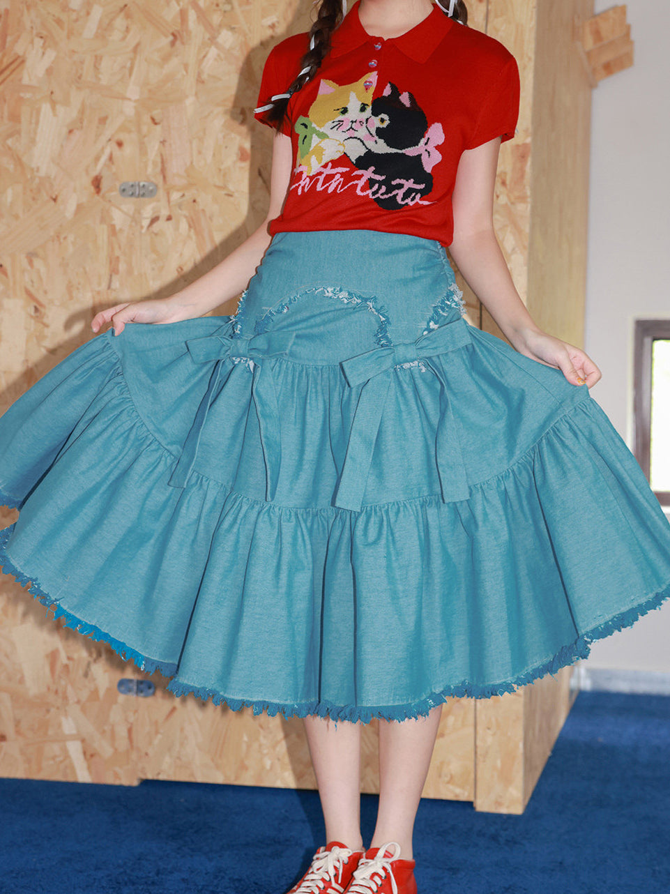 Blue Denim Bow Tiered Midi Skirt