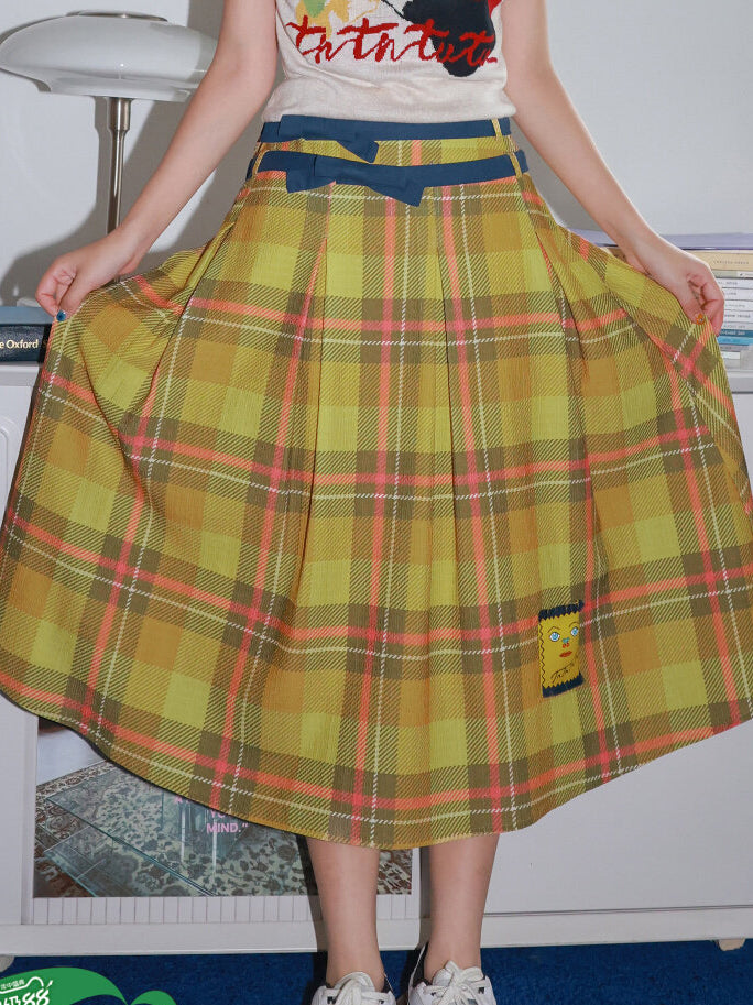 Yellow Plaid Pleated Midi Skirt