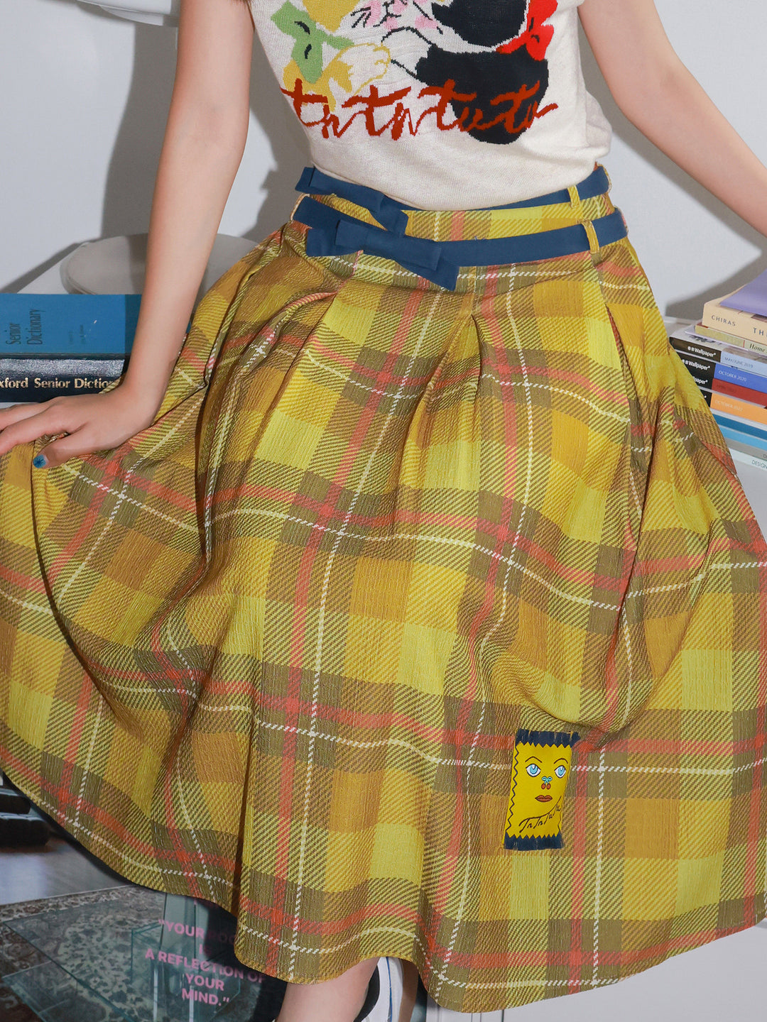 Yellow Plaid Pleated Midi Skirt