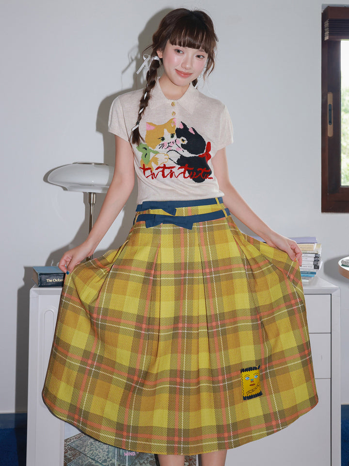 Yellow Plaid Pleated Midi Skirt