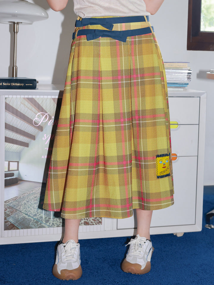 Yellow Plaid Pleated Midi Skirt
