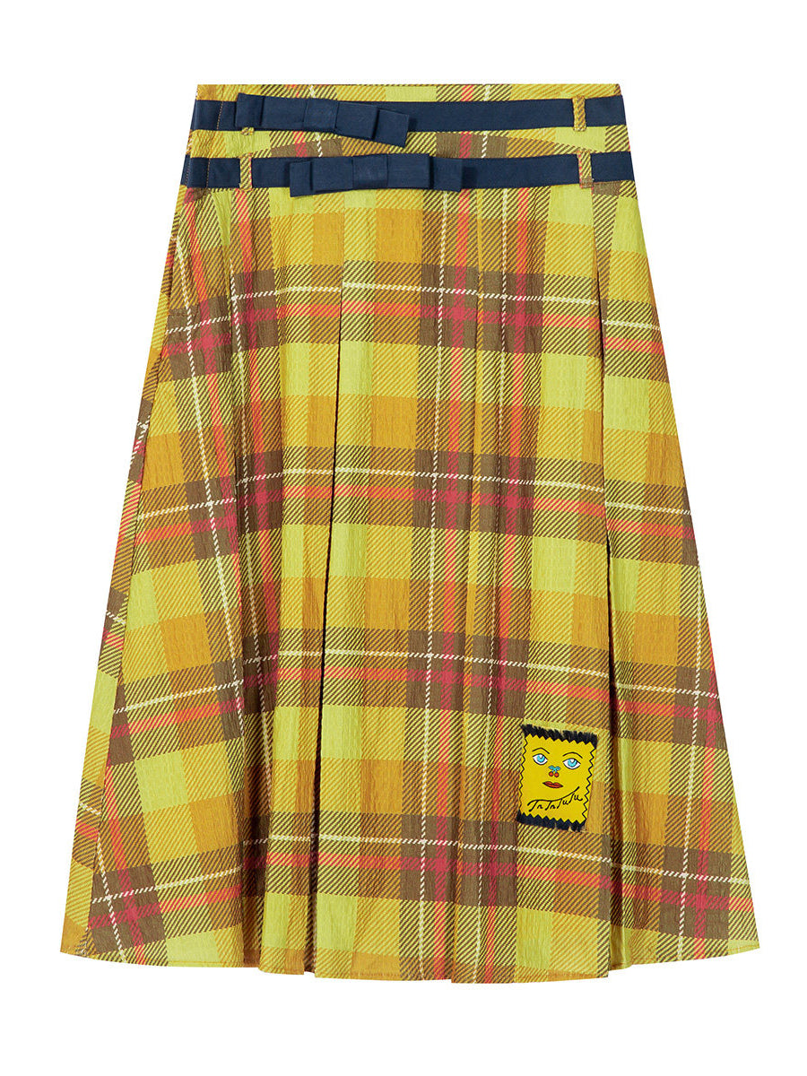 Yellow Plaid Pleated Midi Skirt
