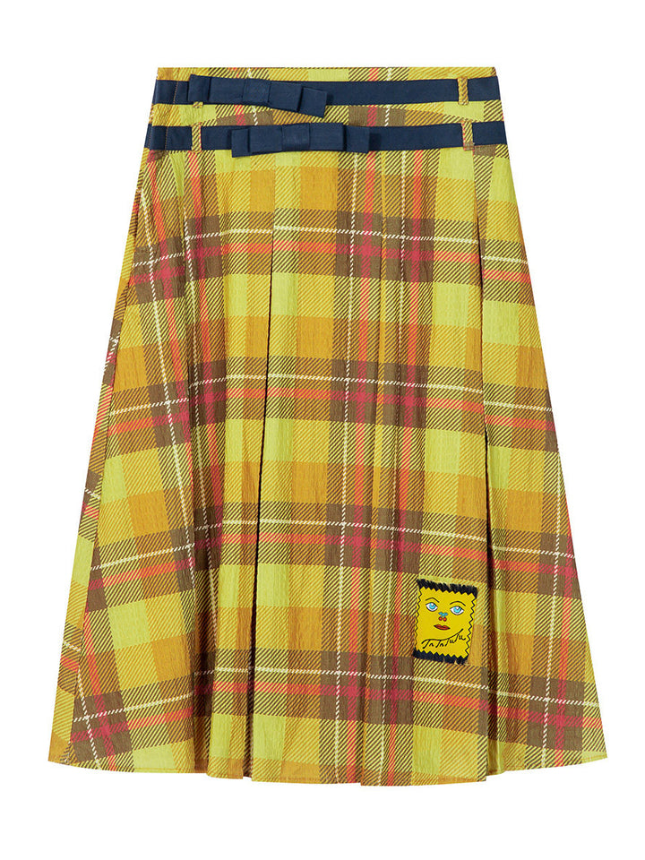 Yellow Plaid Pleated Midi Skirt