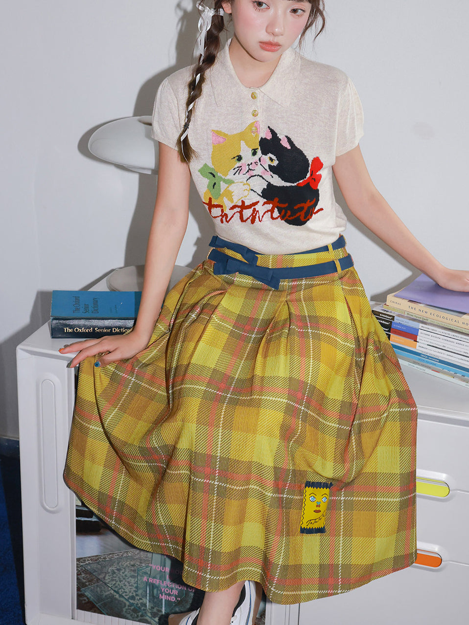 Yellow Plaid Pleated Midi Skirt