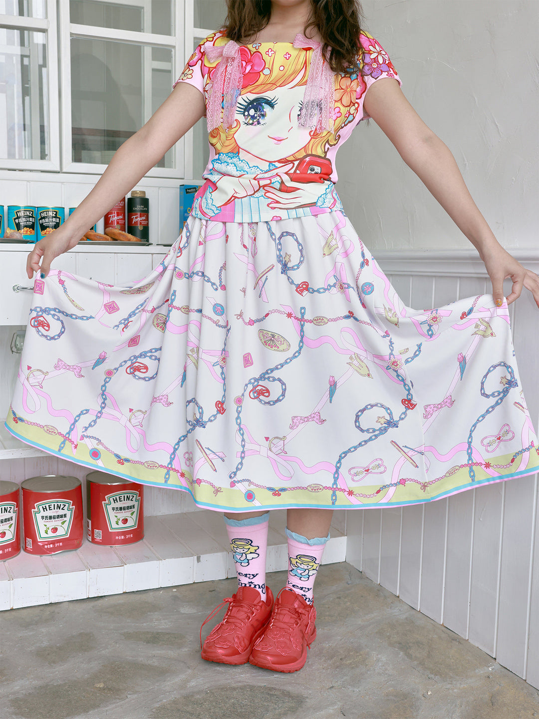 Pink Chain Print Handkerchief Midi Skirt