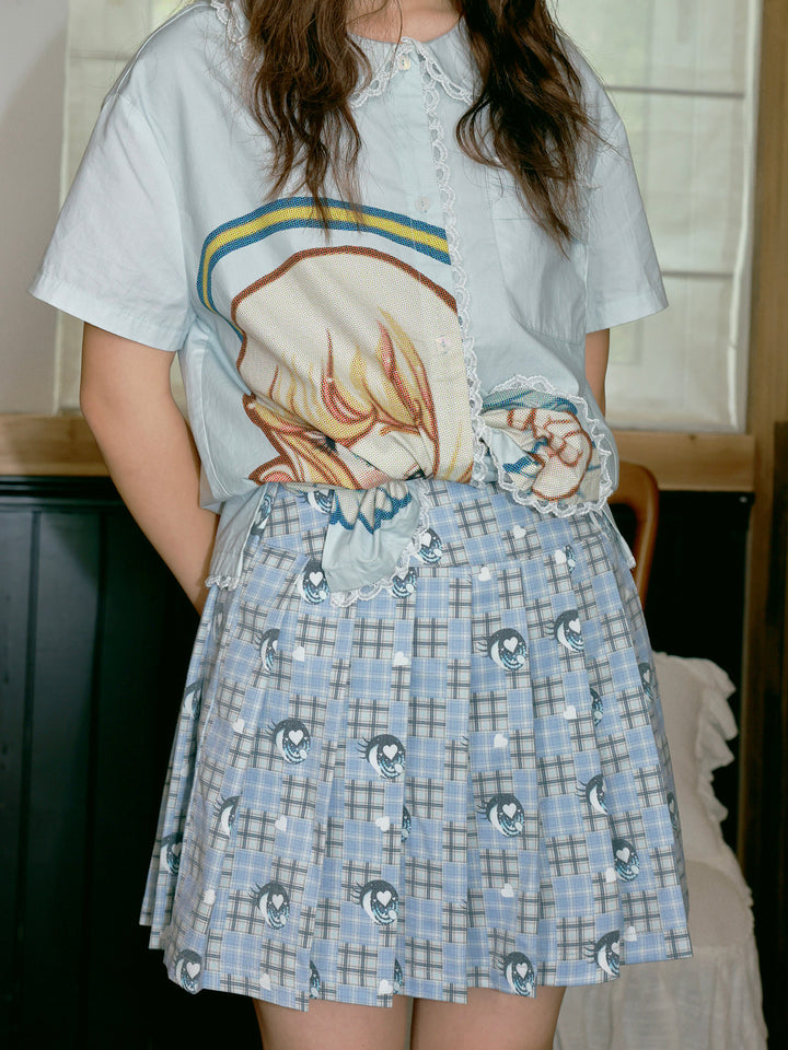Light Blue Plaid Eye Print Pleated Mini Skirt