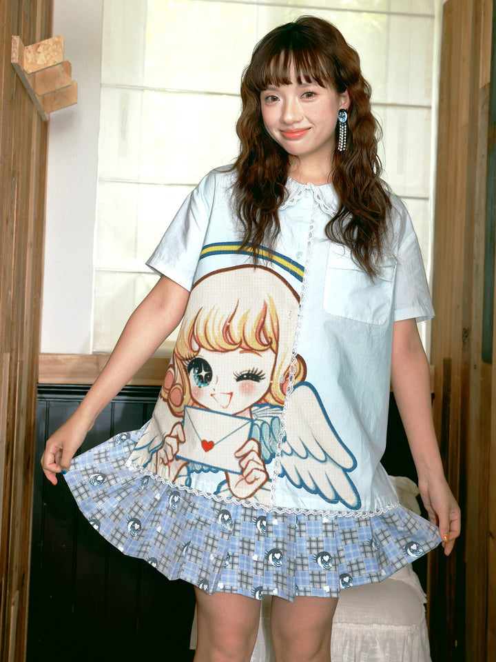 Light Blue Plaid Eye Print Pleated Mini Skirt