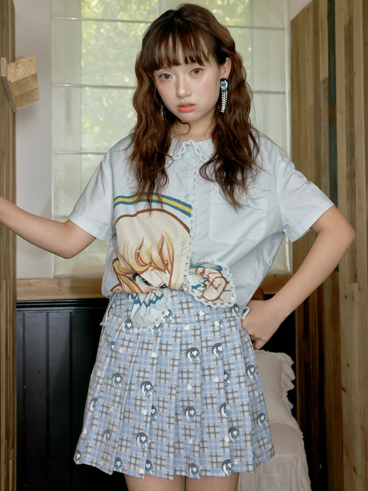 Light Blue Plaid Eye Print Pleated Mini Skirt