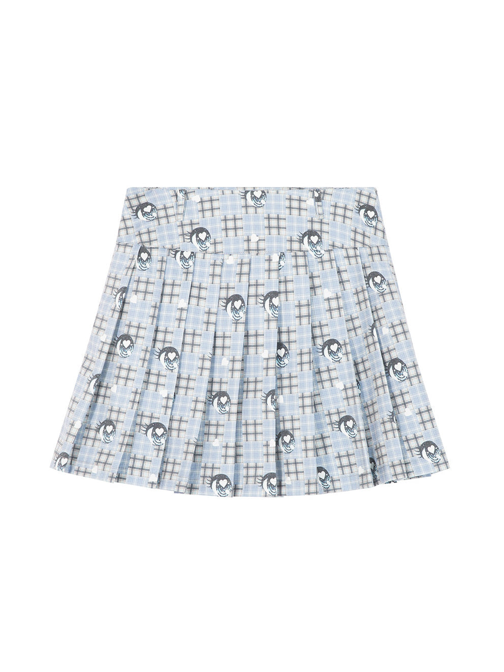 Light Blue Plaid Eye Print Pleated Mini Skirt