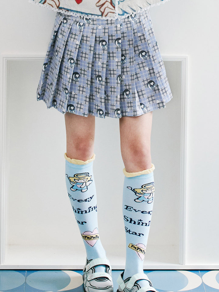 Light Blue Plaid Eye Print Pleated Mini Skirt