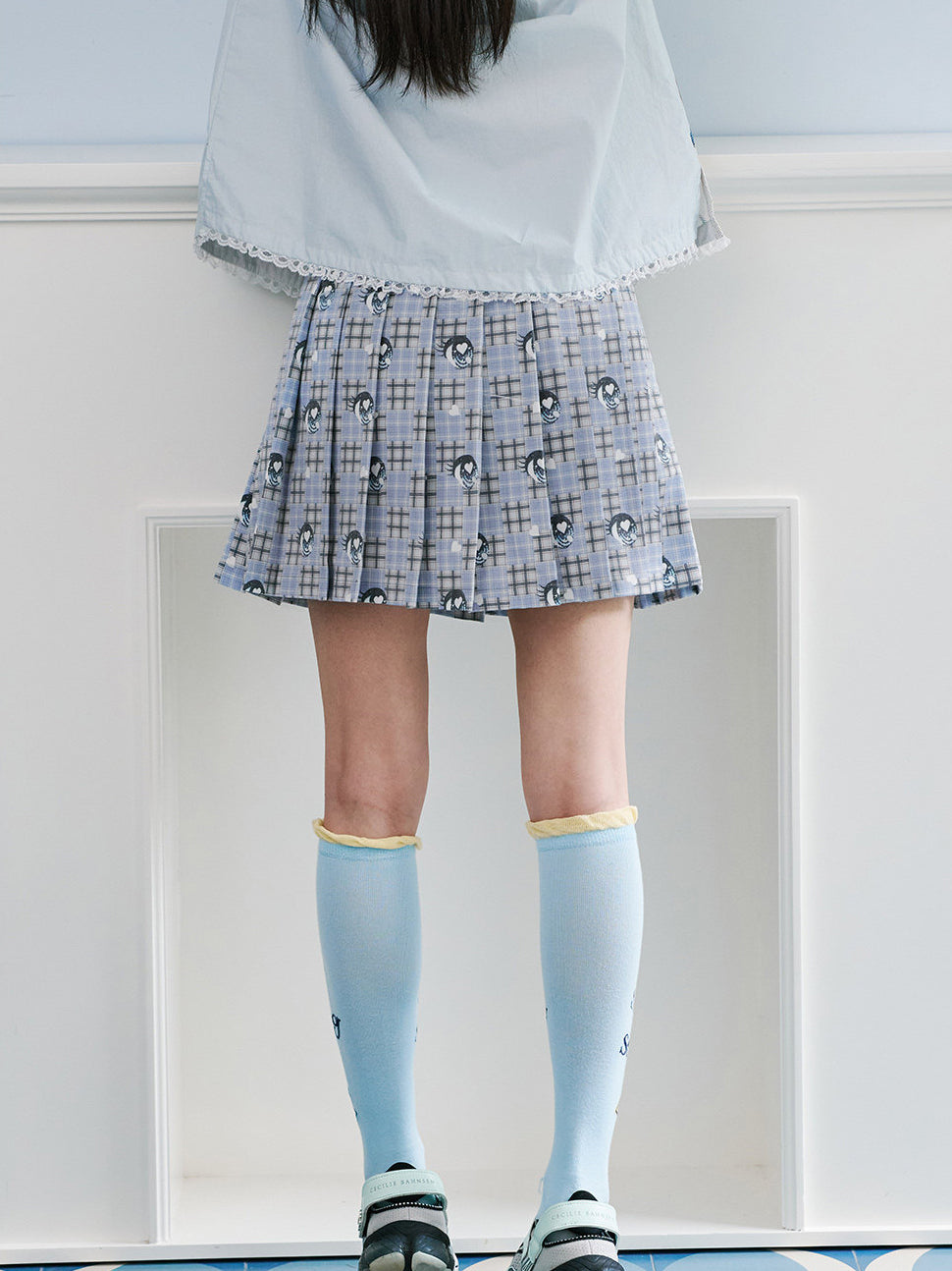 Light Blue Plaid Eye Print Pleated Mini Skirt