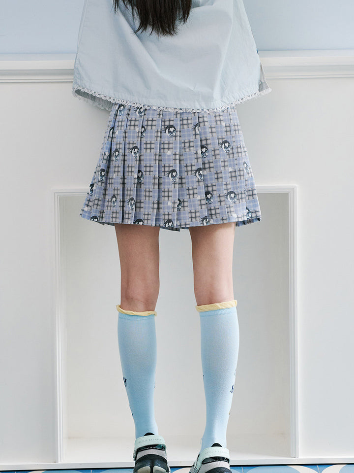 Light Blue Plaid Eye Print Pleated Mini Skirt