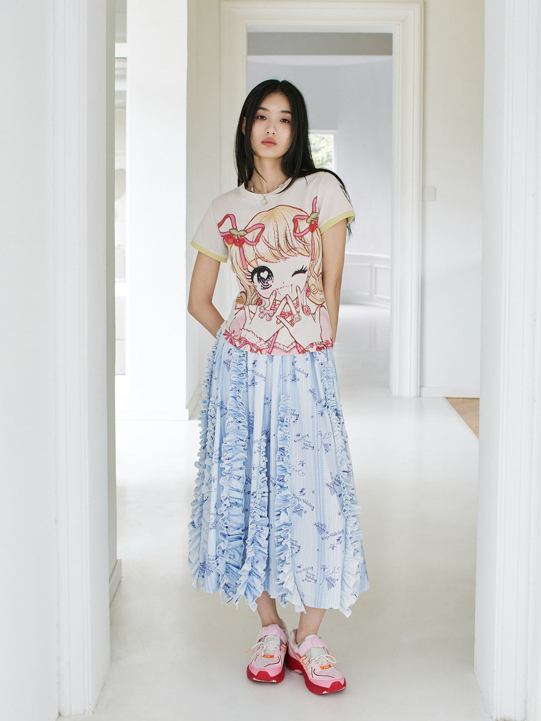 Light Blue Stripe Ruffle Maxi Skirt