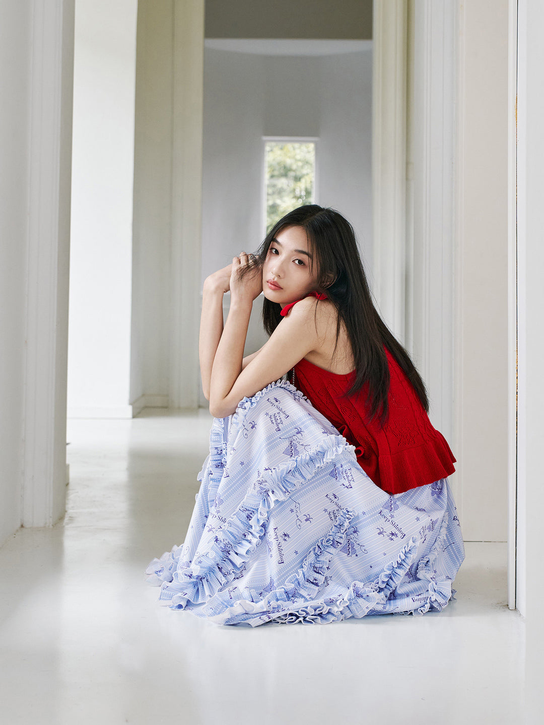 Light Blue Stripe Ruffle Maxi Skirt