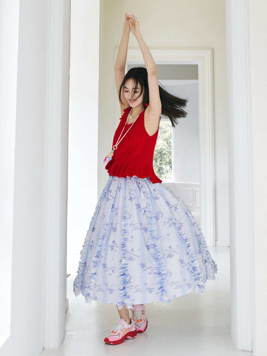 Light Blue Stripe Ruffle Maxi Skirt