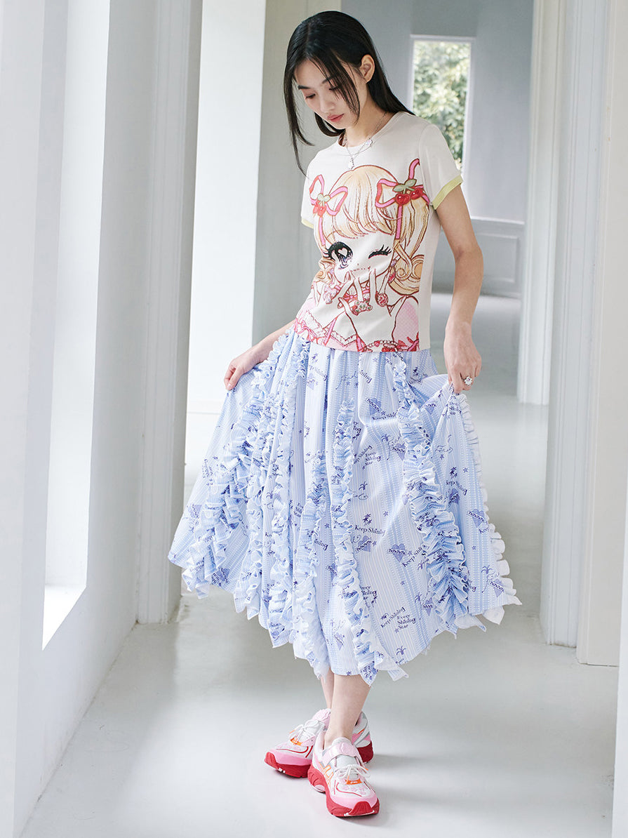Light Blue Stripe Ruffle Maxi Skirt