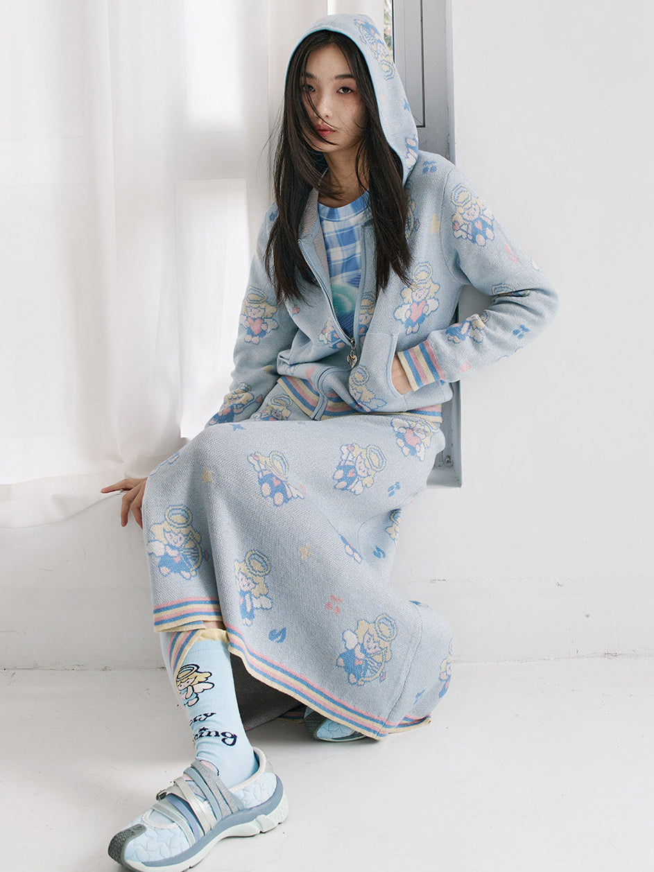 Light Blue Angel Print Knit Zip Hoodie