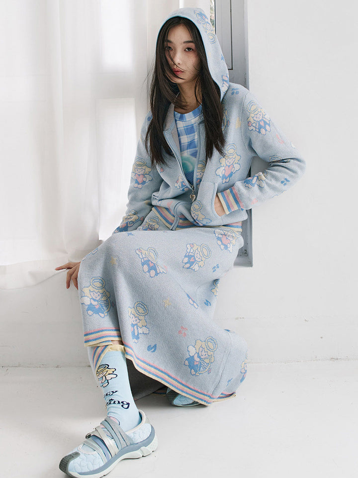 Light Blue Angel Print Knit Zip Hoodie