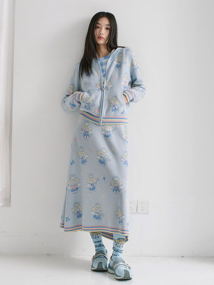 Light Blue Angel Print Knit Zip Hoodie