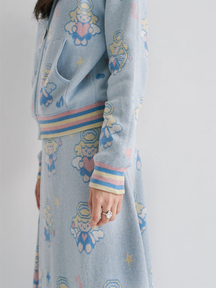 Light Blue Angel Print Knit Zip Hoodie