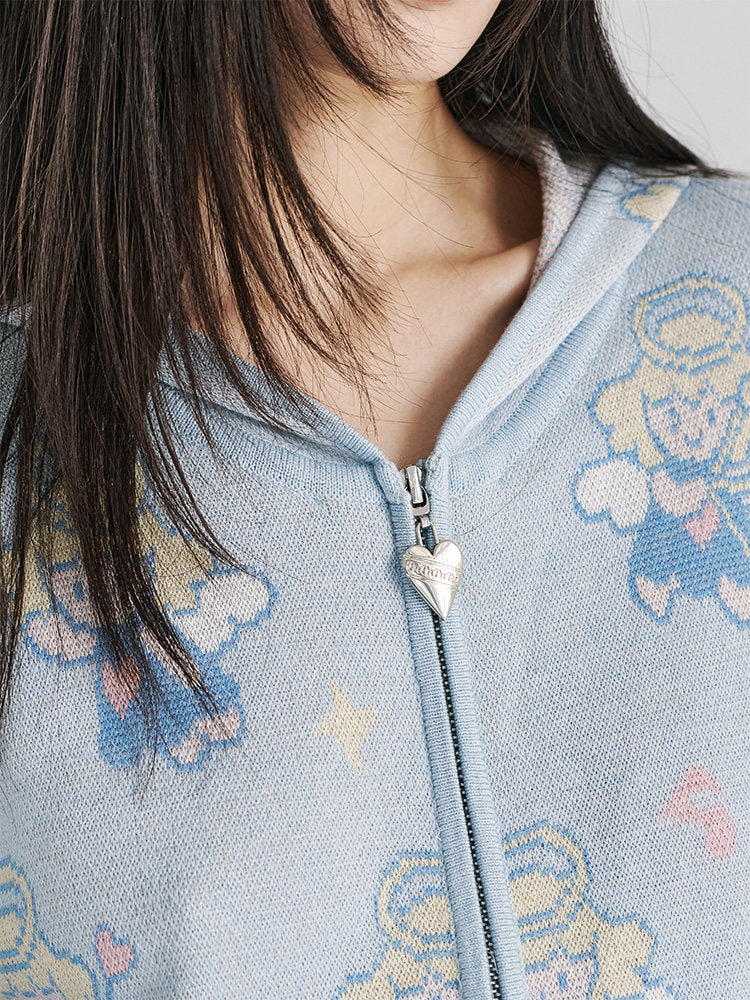 Light Blue Angel Print Knit Zip Hoodie