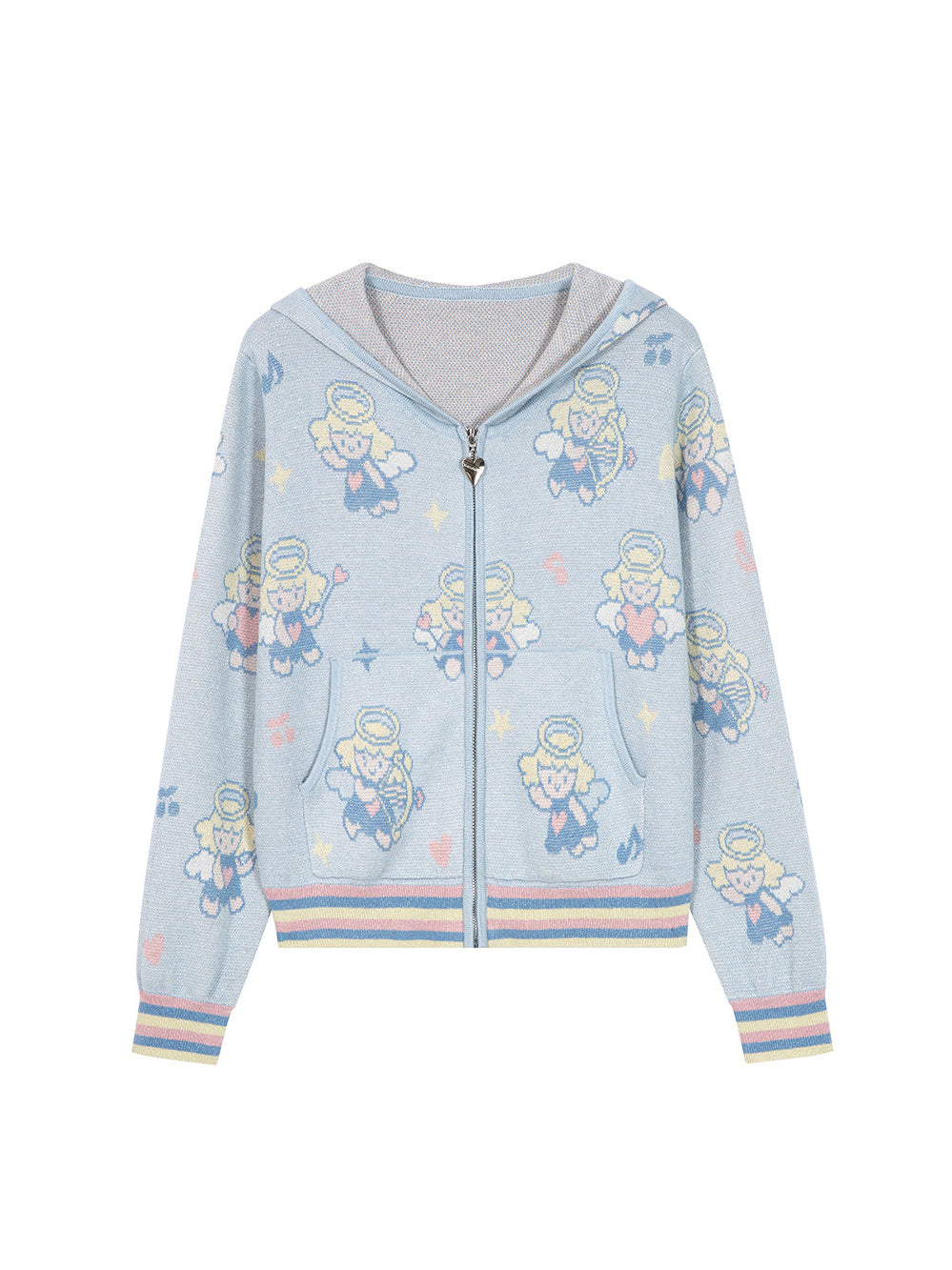 Light Blue Angel Print Knit Zip Hoodie