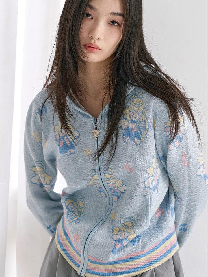 Light Blue Angel Print Knit Zip Hoodie