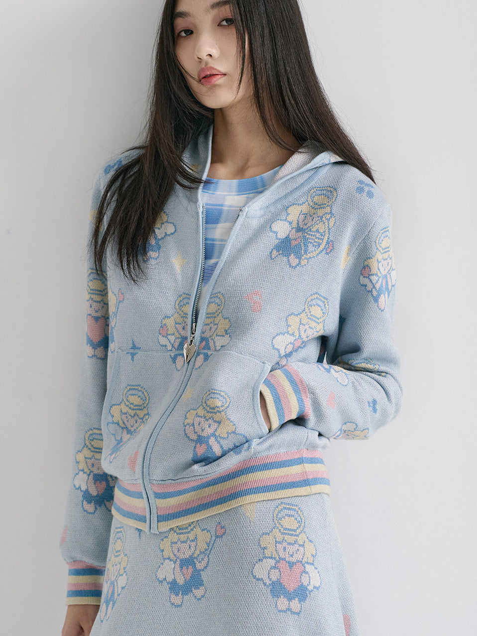 Light Blue Angel Print Knit Zip Hoodie