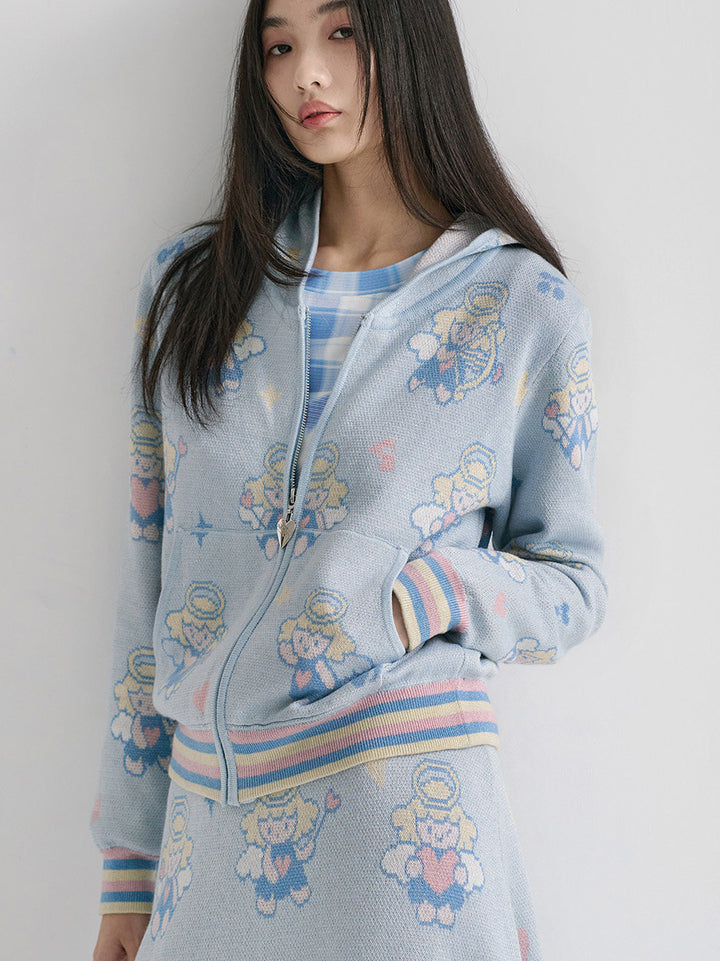Light Blue Angel Print Knit Zip Hoodie