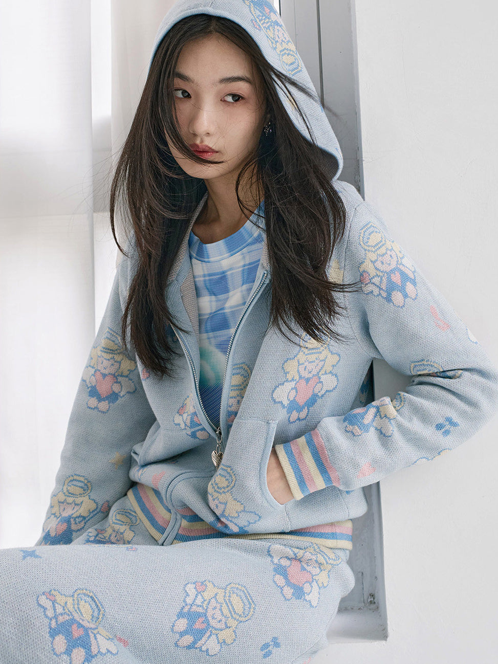 Light Blue Angel Print Knit Zip Hoodie