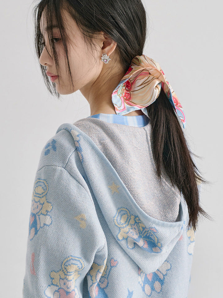 Light Blue Angel Print Knit Zip Hoodie