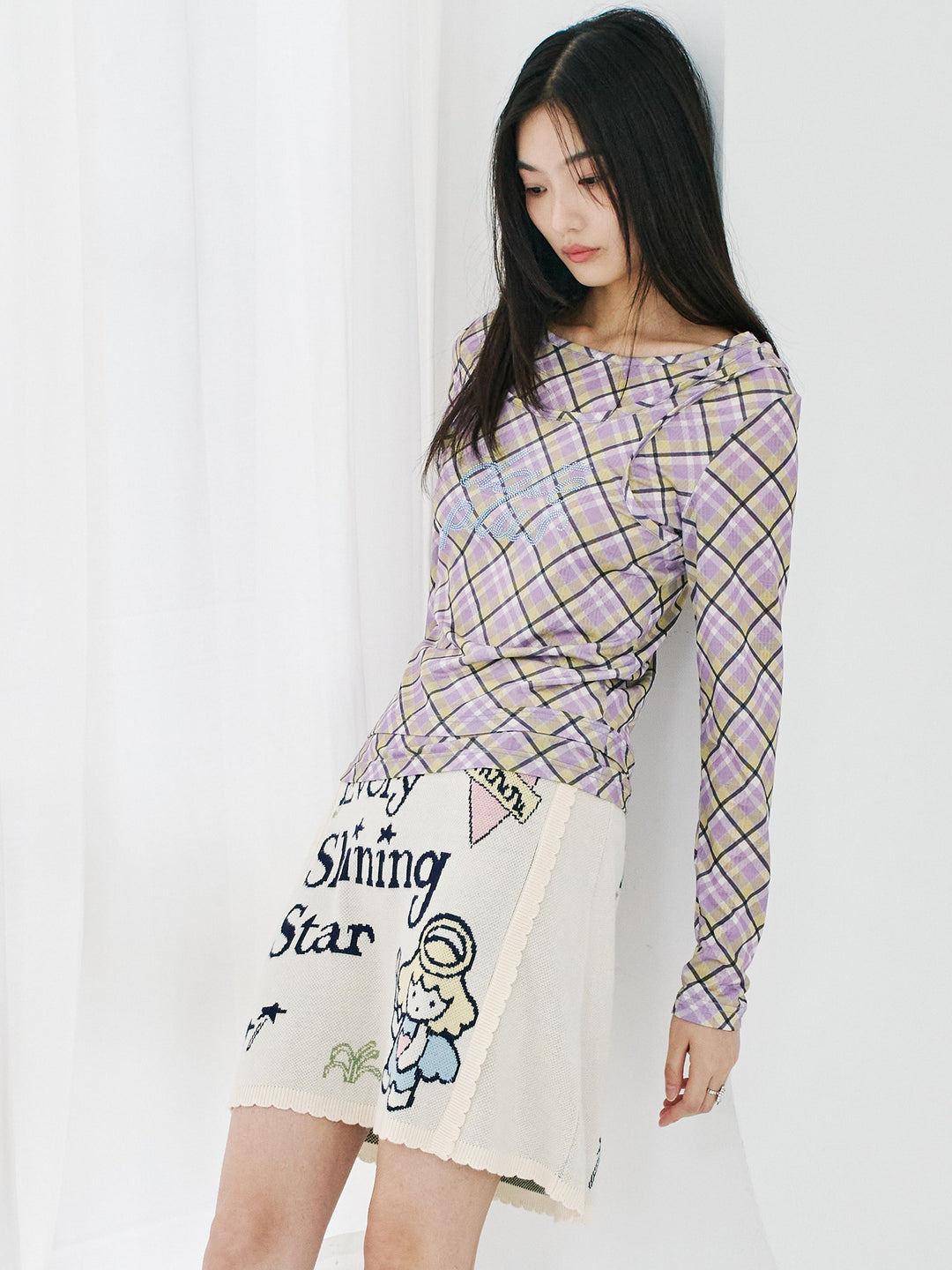 Cream Angel Graphic Knit Mini Skirt