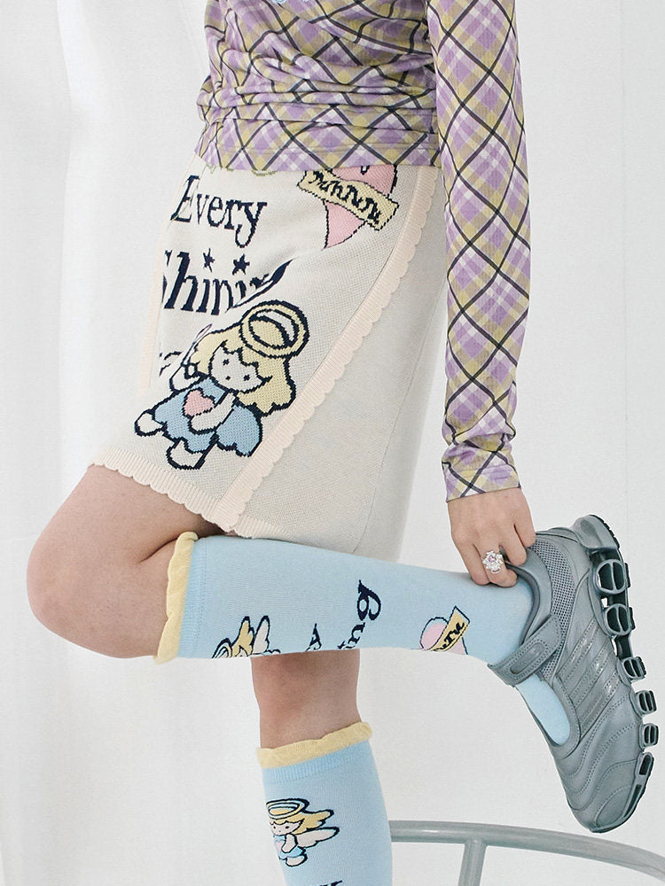 Cream Angel Graphic Knit Mini Skirt