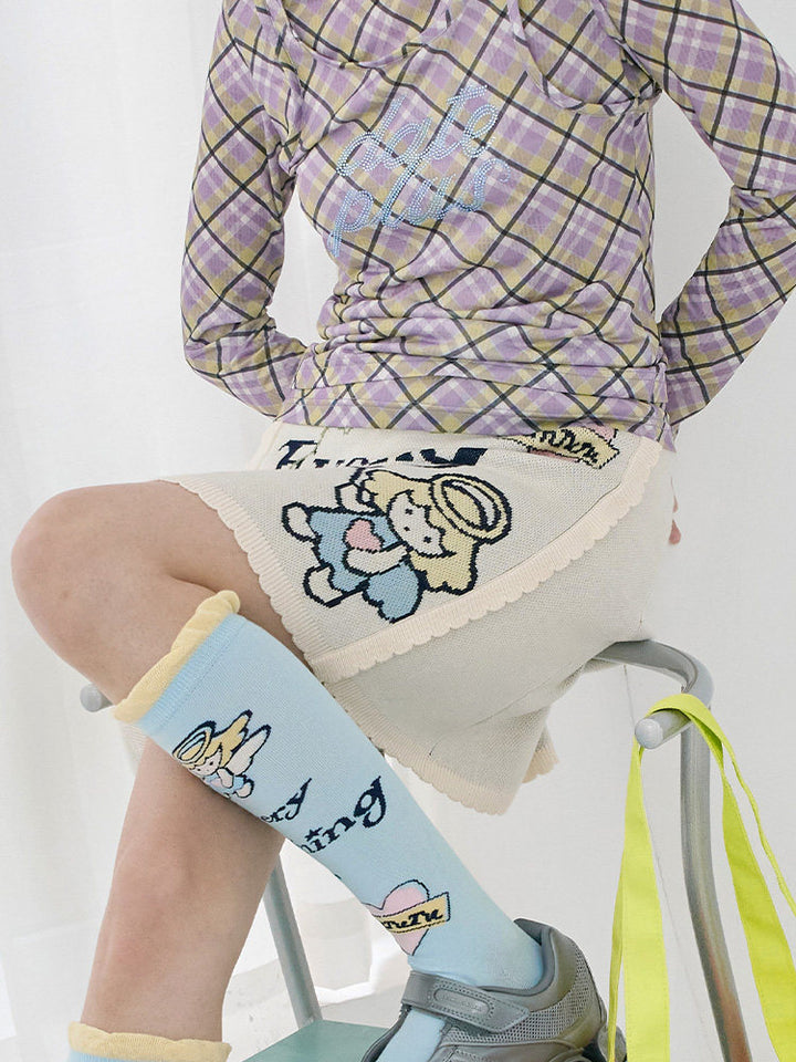 Cream Angel Graphic Knit Mini Skirt