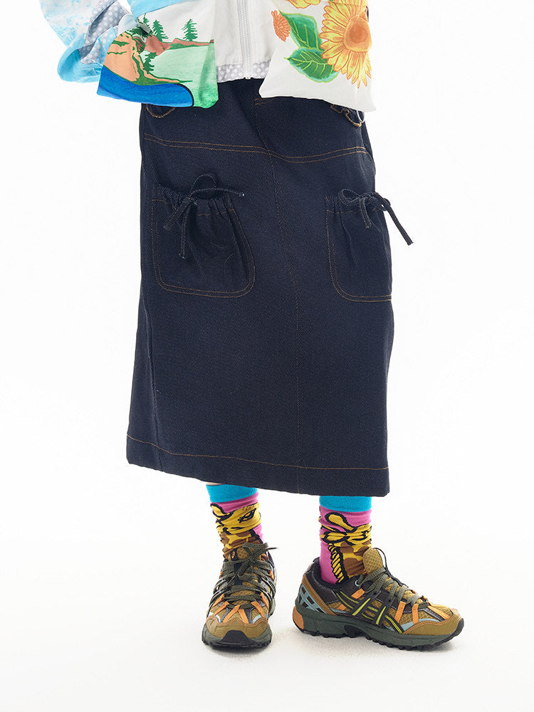 Ruffled Utility Denim Midi Skirt