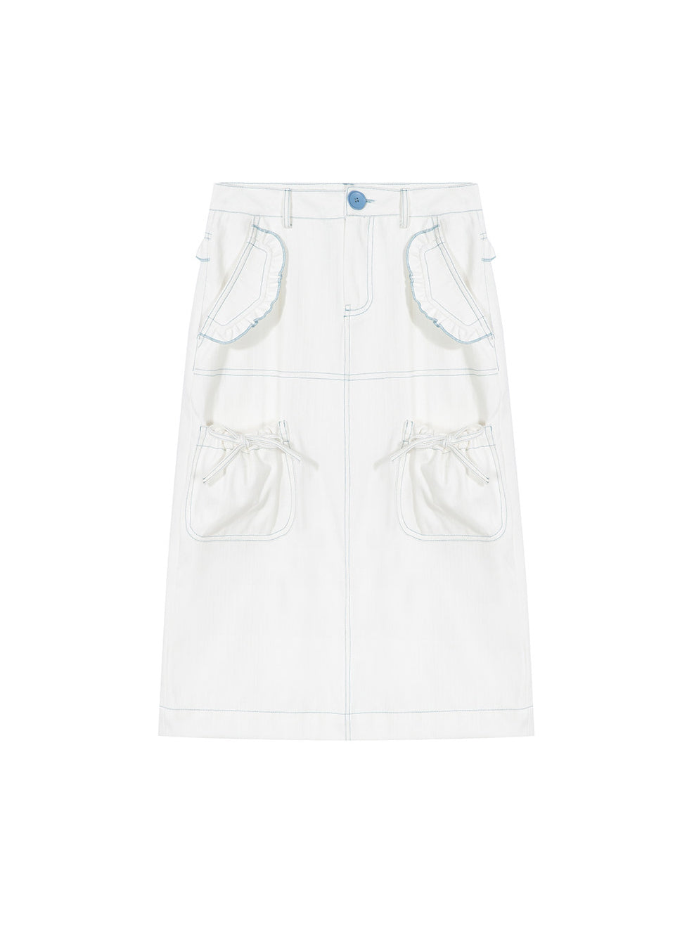 Ruffled Utility Denim Midi Skirt