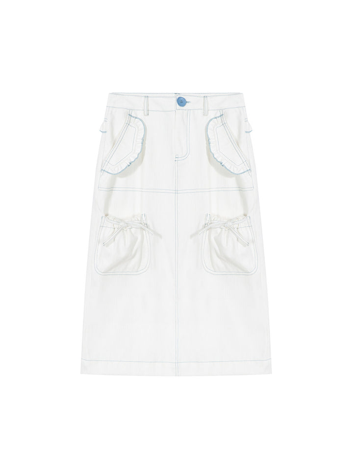 Ruffled Utility Denim Midi Skirt