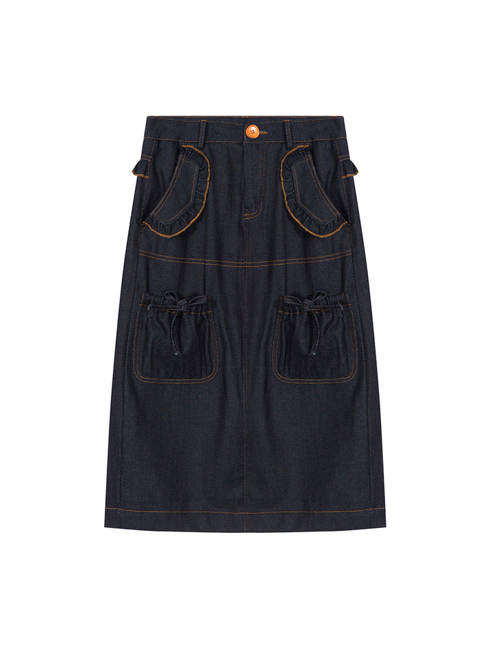 Ruffled Utility Denim Midi Skirt