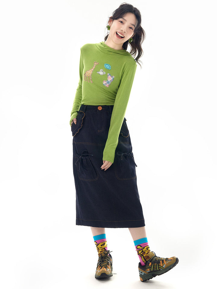 Ruffled Utility Denim Midi Skirt