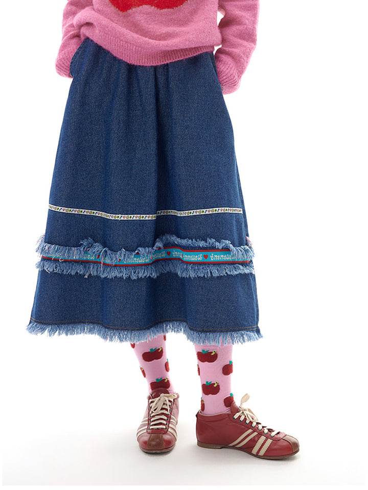 Dark Blue Denim Fringe Midi Skirt
