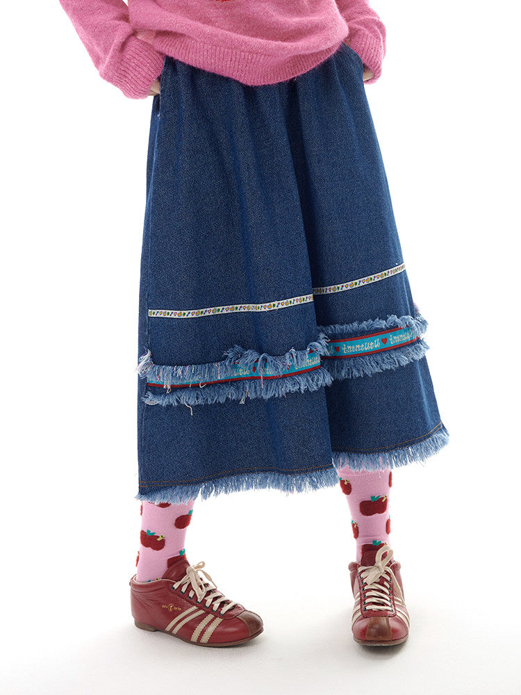 Dark Blue Denim Fringe Midi Skirt