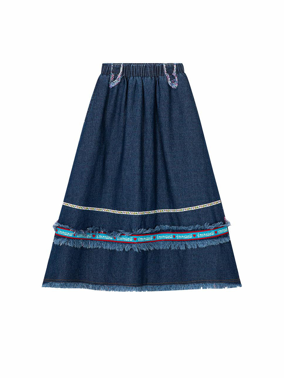 Dark Blue Denim Fringe Midi Skirt