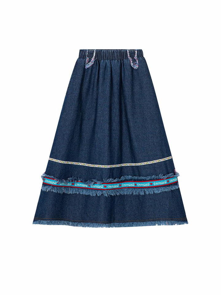Dark Blue Denim Fringe Midi Skirt