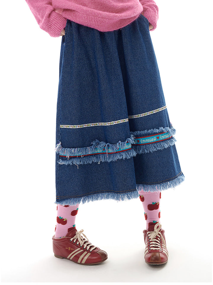 Dark Blue Denim Fringe Midi Skirt