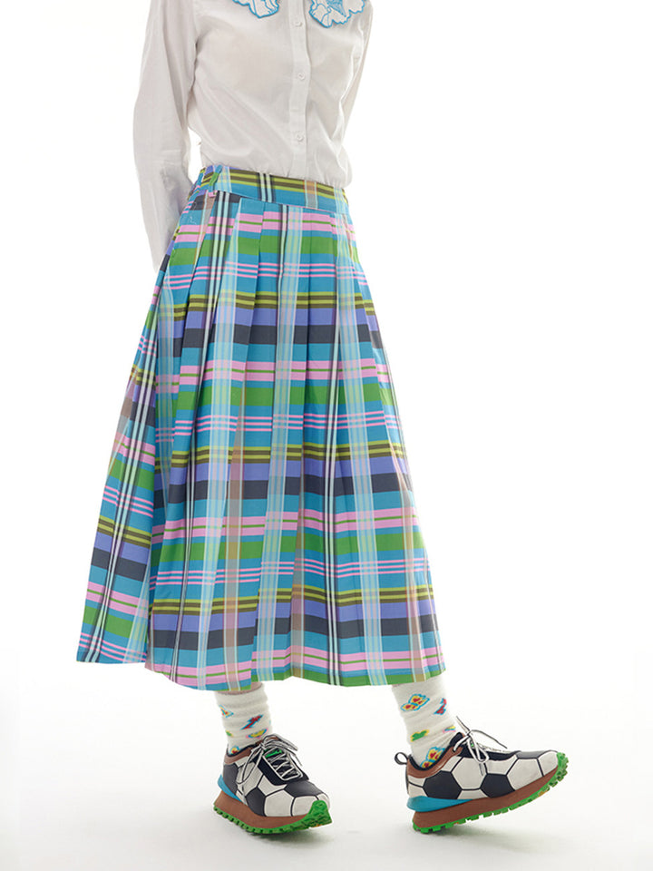 Colorful Plaid Pleated Midi Skirt